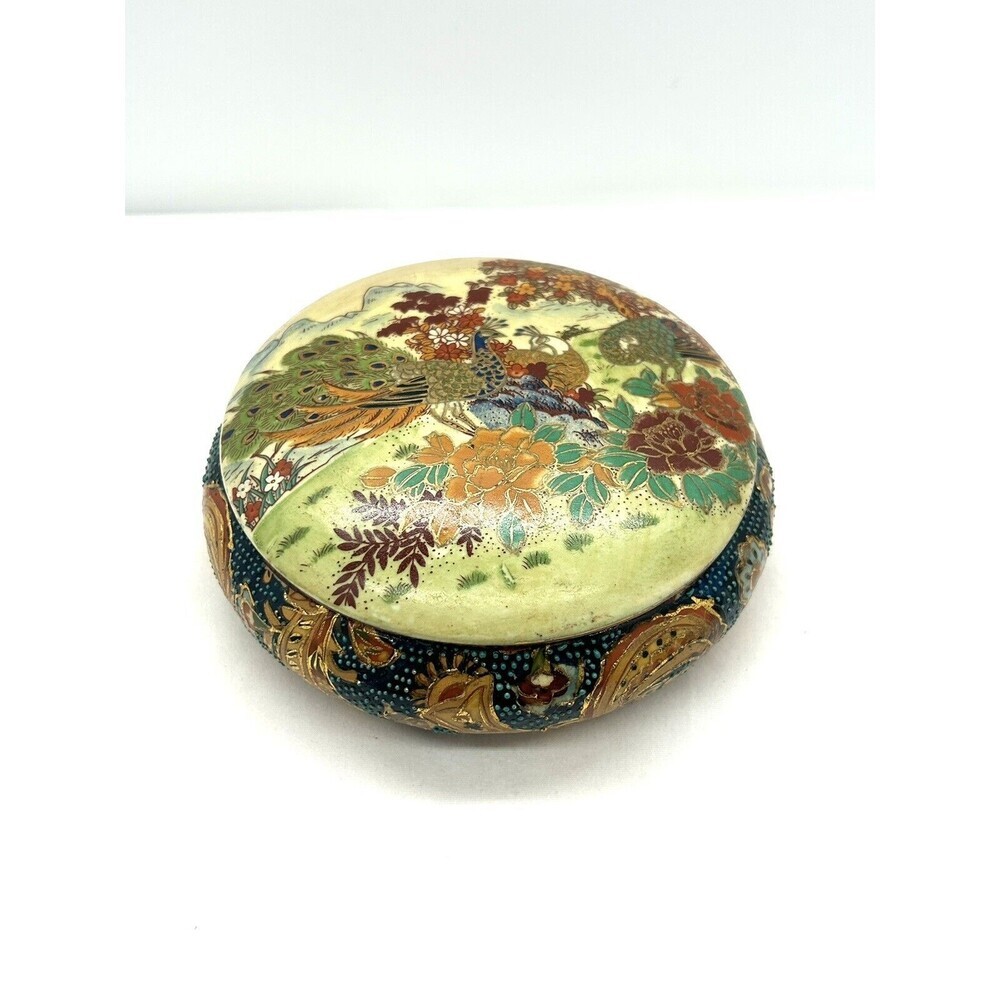 Asian Trinket Bowl w/ Lid w/ Peacocks And Floral Outlined In Gold Color. GARF1-2